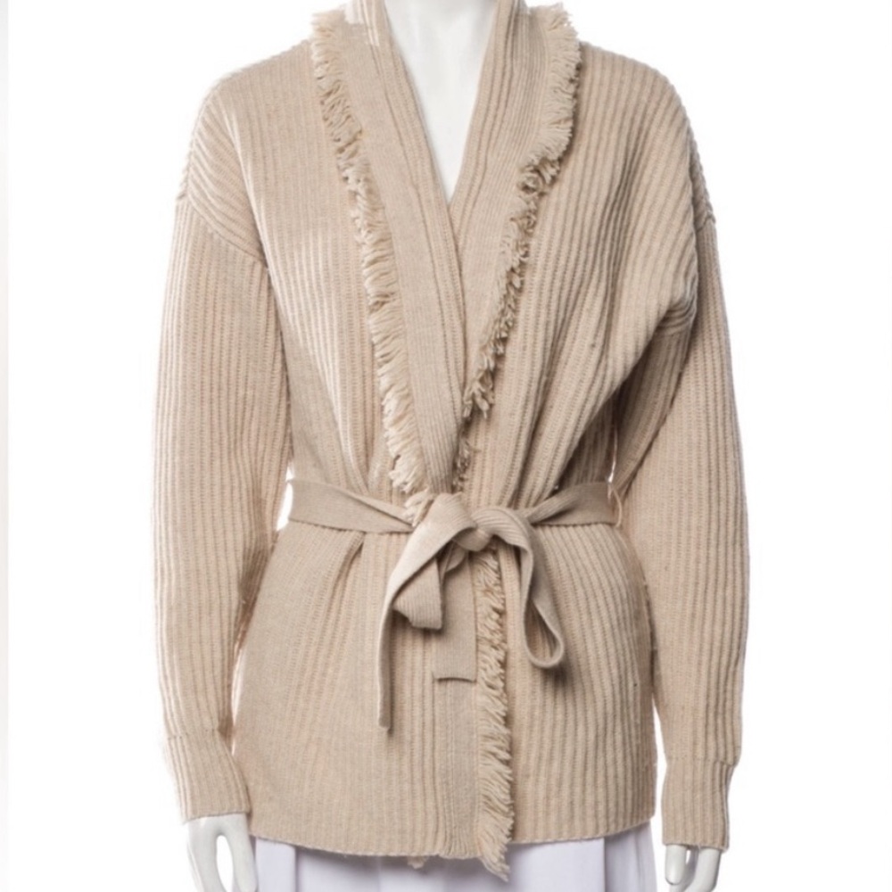 Intermix Charlie Wool & Cashmere Fringed Belted Cardigan - size XL